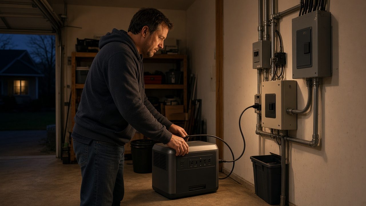Homeowner connecting a portable LiFePO4 backup power station to a garage transfer switch